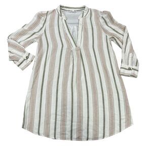 MINE Striped Women’s Tunic Blouse Top Size Large Neutral Coastal  V Neck